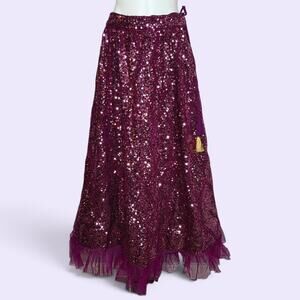 Sequin Lehenga Maxi Skirt XL Wine Burgundy Bollywood Tassel Tulle Formal